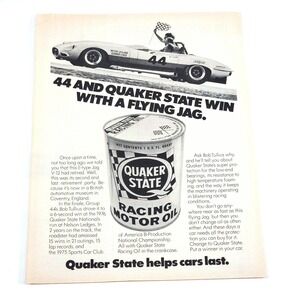 Quaker State Vintage Print Ad Racing Oil Promo Art Jaguar Upcycled Decor 1970s